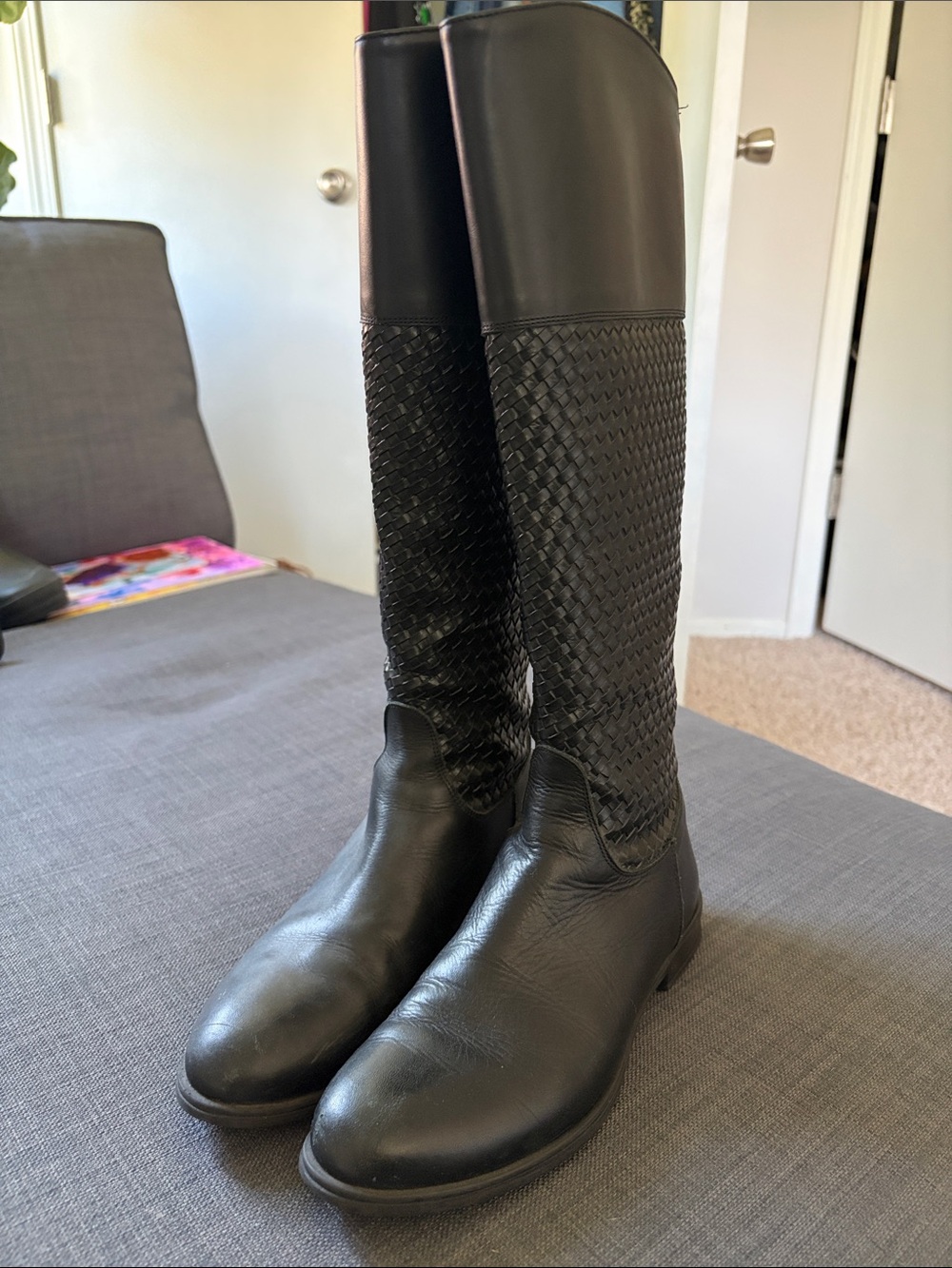 Pollini Black Woven Knee high Leather Boots sz 35 fit like a U.S. 6